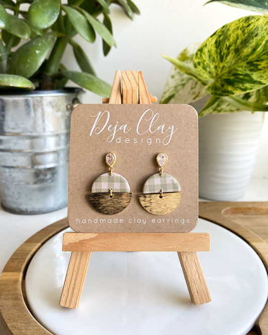 Kylie | Green+Beige Gingham | Dangle CZ Earrings